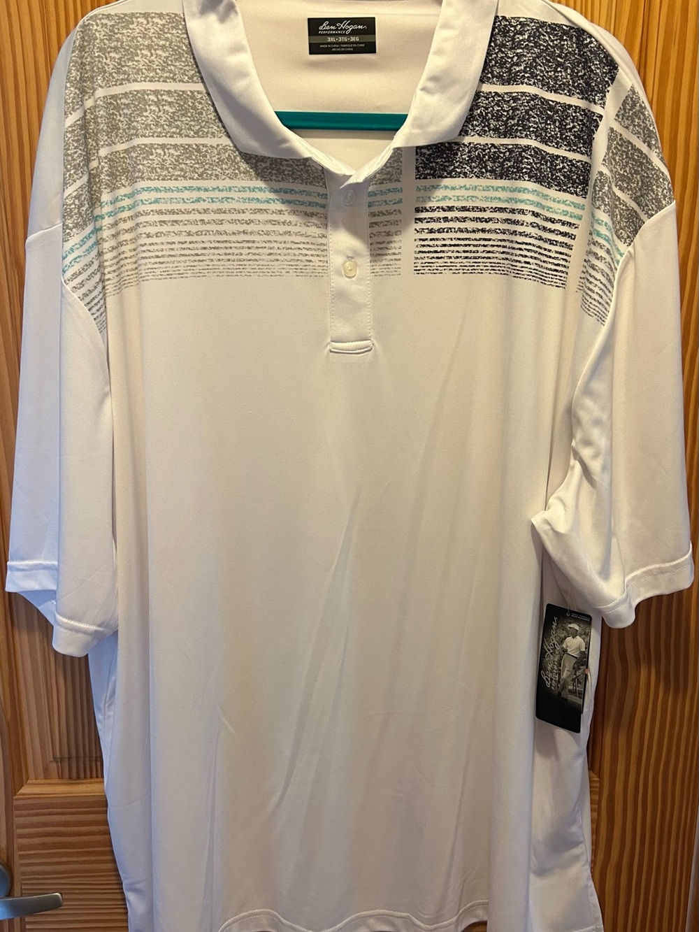 Ben Hogan performance White Polo with light and dark gray and Teal Stripes NWT
